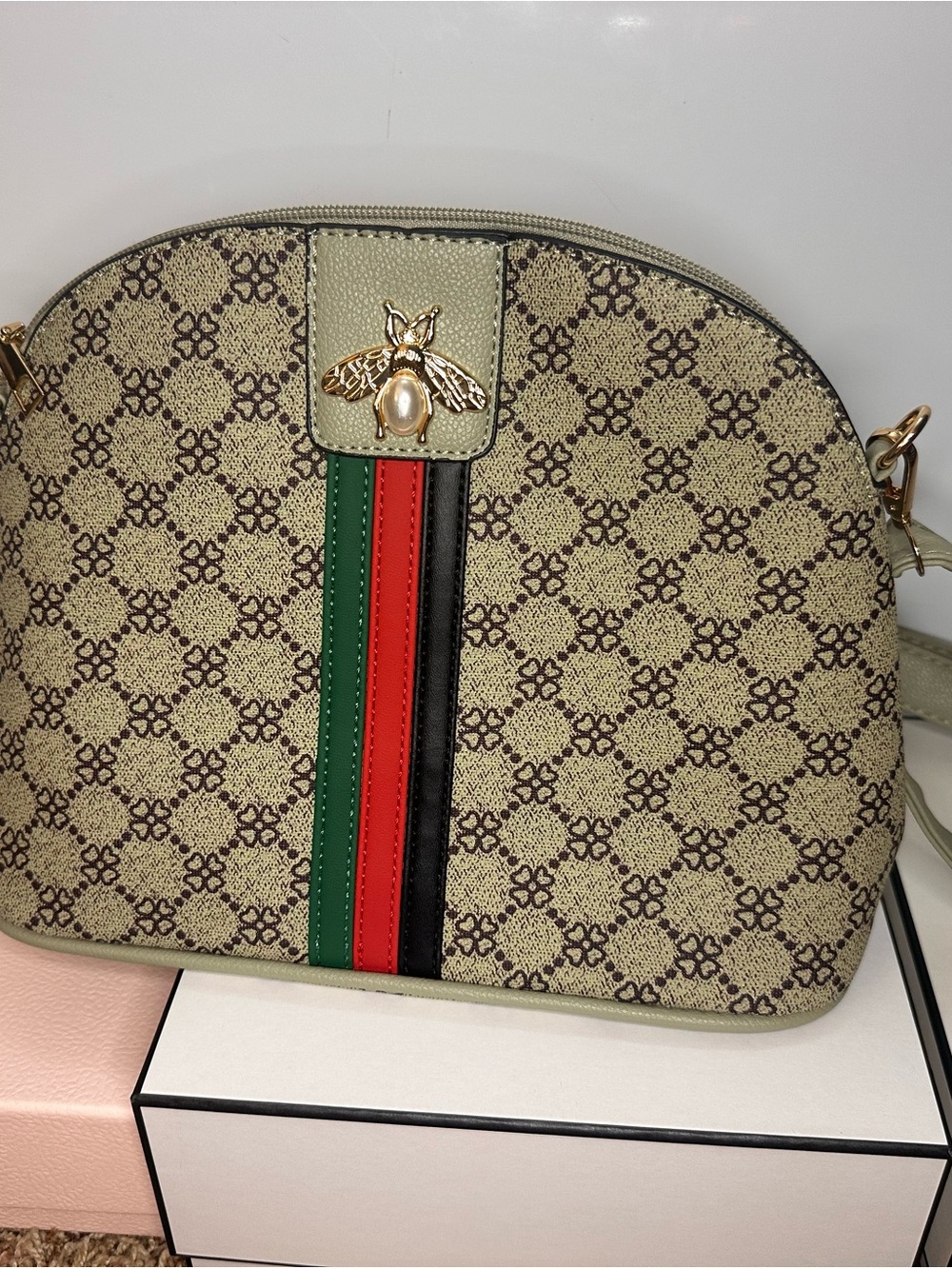 Designer-Inspired Green/Red/Black Bee Accent Crossbody Bag
